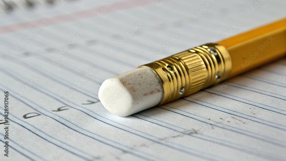 close up of pencil with gold colored eraser resting lined paper, showcasing erasing action. image captures essence of writing