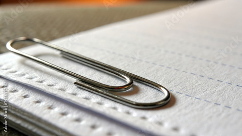 Obraz na płótnie close up view of metallic paperclip resting stack of blank sheets, showcasing its sleek design and functionality w salonie