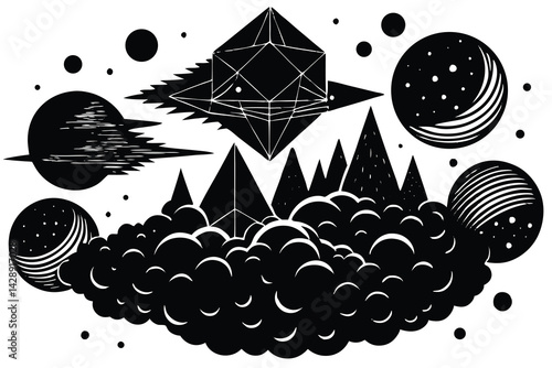 Abstract black and white geometric space landscape with planets and clouds vector