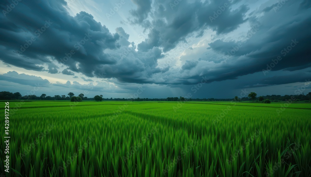 Lush Green Rice Field Under Dramatic Cloudy Sky Before Rain Lush Green Rice Field Under Dramatic Cloudy Sky Before Rain