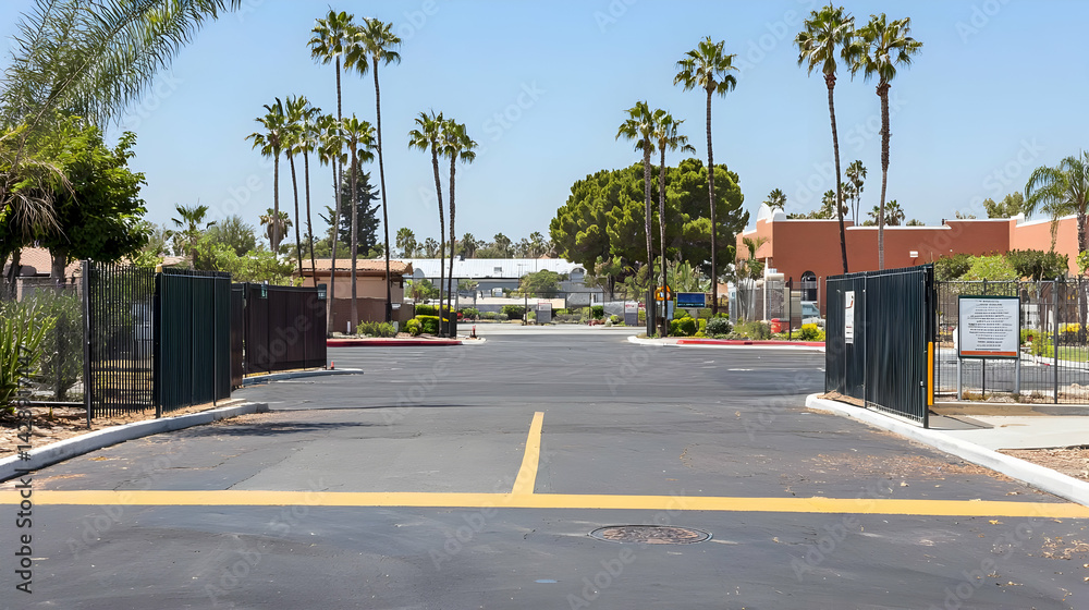 Obraz premium Empty Parking Lot Entrance With Palm Trees