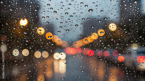 Obraz na płótnie Close up of raindrops on window with blurred city lights creating moody atmosphere w salonie