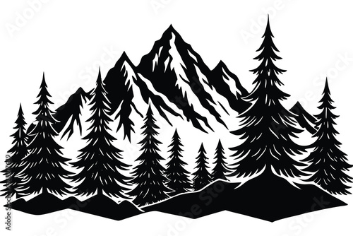 Mountain range with pine tree forest in black and white vector design