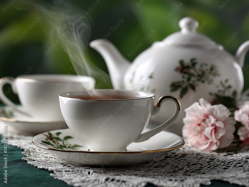 Fototapeta premium Aromatic teacups and teapot, steaming hot, perfect for a relaxing moment