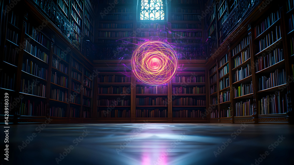 Obraz premium Dark Library With Glowing Sphere