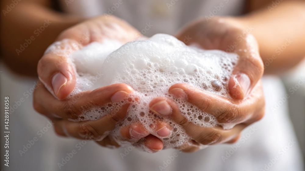 Soft lather of soap is gently held in hands, showcasing cleanliness and care. bubbles create soothing and refreshing feeling