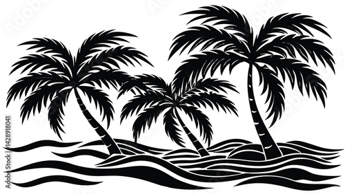 Tropical paradise black and white silhouette illustration with palm trees and waves