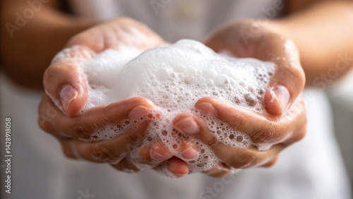 Obraz na płótnie Soft lather of soap is gently held in hands, showcasing cleanliness and care. bubbles create soothing and refreshing feeling w salonie