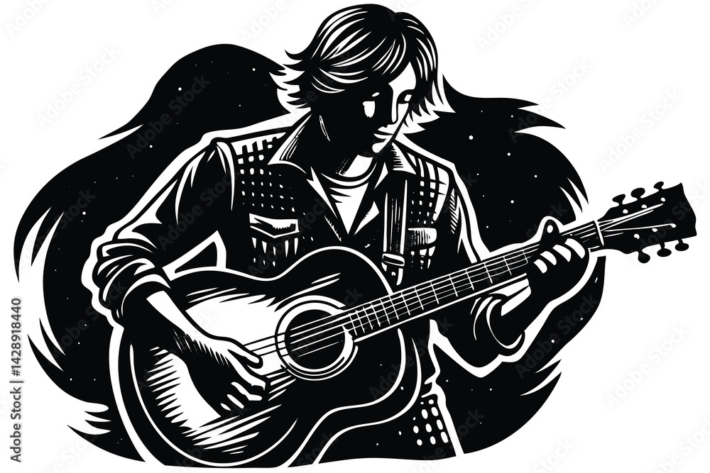 Black and white illustration of a man playing acoustic guitar with grunge accents Black and white illustration of a man playing acoustic guitar with grunge accents