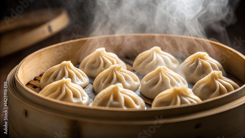 Obraz na płótnie Steaming dumplings bamboo steamer create delightful culinary experience, showcasing their delicate texture and inviting aroma w salonie