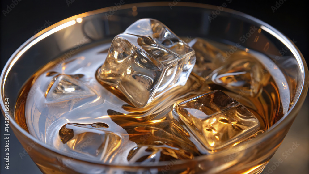 close up view of cocktail glass filled with amber liquid and ice cubes, creating refreshing and inviting atmosphere