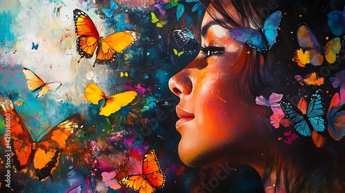 a woman face adorned with vibrant abstract paint strokes