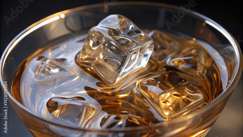 Obraz na płótnie close up view of cocktail glass filled with amber liquid and ice cubes, creating refreshing and inviting atmosphere w salonie