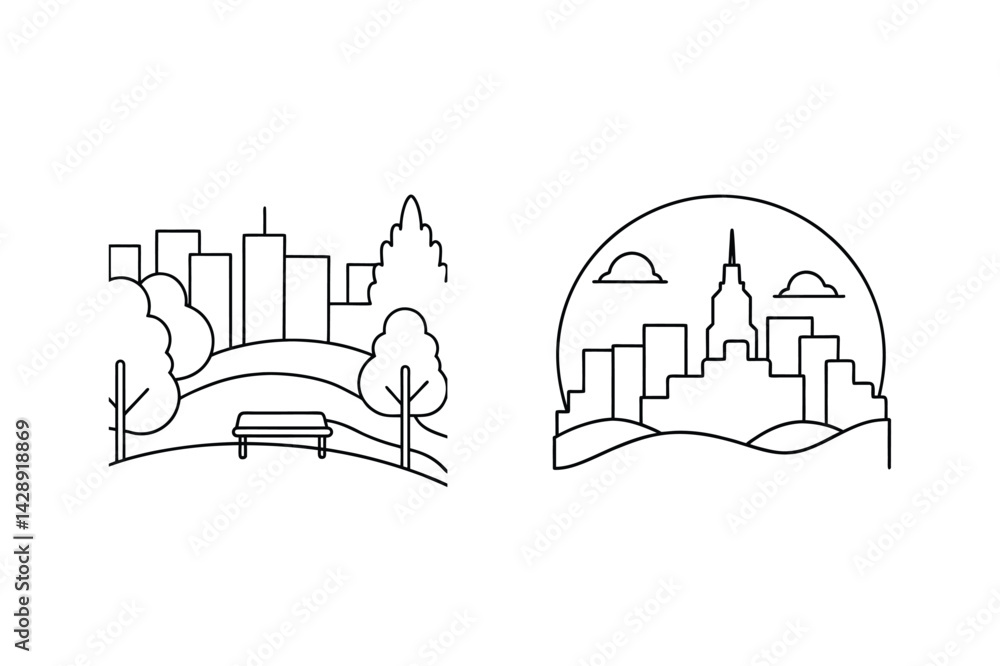 Naklejka premium Urban Landscape Outlines With City Skylines In Minimalist Style Vector Graphics