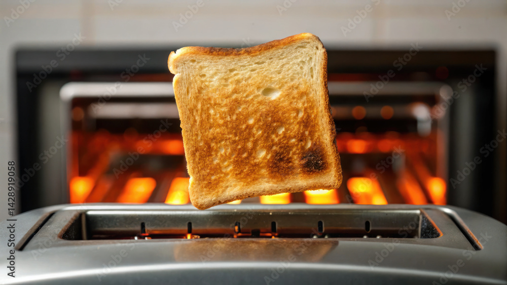 slice of golden toast pops up from toaster, showcasing crispy texture and warm appearance, evoking sense of comfort