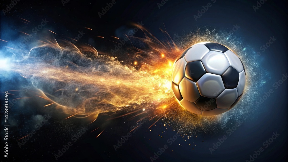 Fototapeta premium A Fiery Soccer Ball Soaring Through Space, Leaving a Trail of Sparkling Dust and Glowing Embers, a Dynamic Image Representing the Excitement and Intensity of the Sport