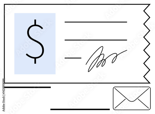 Signed check with dollar symbol, signature, lines, and envelope icon suggesting payment, banking, finance. Ideal for money transfer, payment processing, banking contracts accounting business