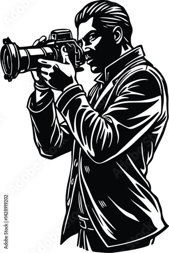 Monochrome graphic style illustration of photographer aiming camera black and white