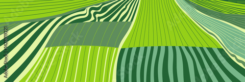 Vector farm field landscape. Furrows pattern in a plowed prepared for crops planting. Rows of soil, rural countryside perspective horizon view. Green stripes sketch illustration.