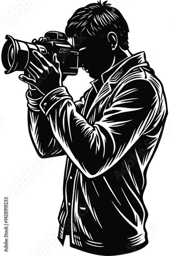Monochrome silhouette of a photographer with camera illustration vector graphic design