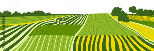 Vector farm field landscape. Furrows pattern in a plowed prepared for crops planting. Rows of soil, rural countryside perspective horizon view. Green stripes sketch illustration.