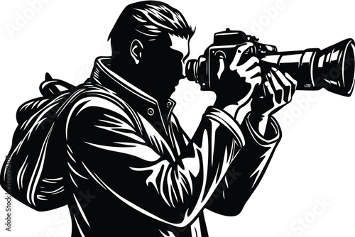 Photographer with camera lens vector illustration in black and white style