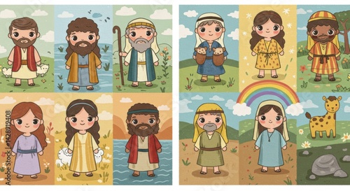 Set of cute biblical character illustrations, varied scenes. Children's storybook style. Religious narrative concept. For bible story books, educational apps, church classroom decorations.