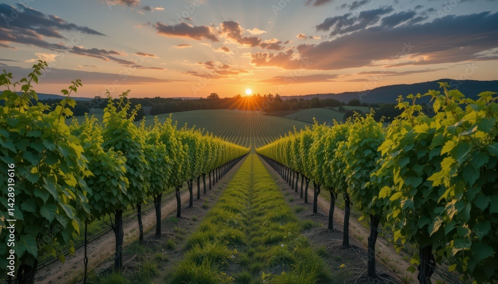 Naklejka premium Scenic Vineyard Landscape with Rows of Grapevines at Sunset