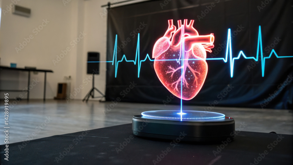 hologram displaying realistic heart with heartbeat pulse, showcasing advanced technology in modern setting