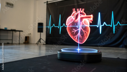 Obraz na płótnie hologram displaying realistic heart with heartbeat pulse, showcasing advanced technology in modern setting w salonie