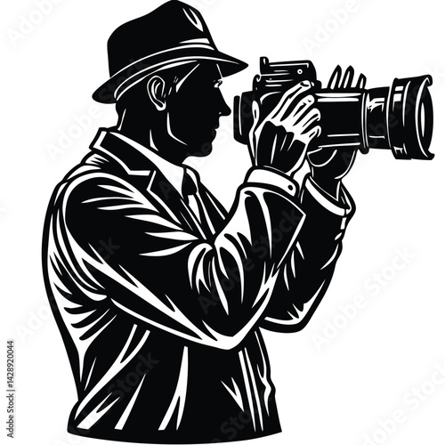 Silhouette photographer holding camera vector graphic design black and white style illustration