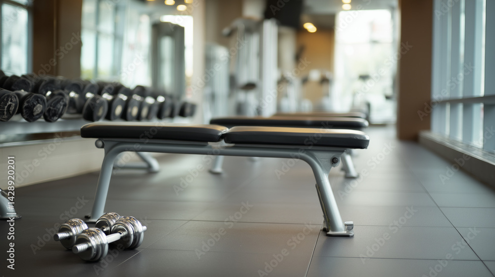 Fototapeta premium Empty gym with weight benches and dumbbells, a space for strength and focus.