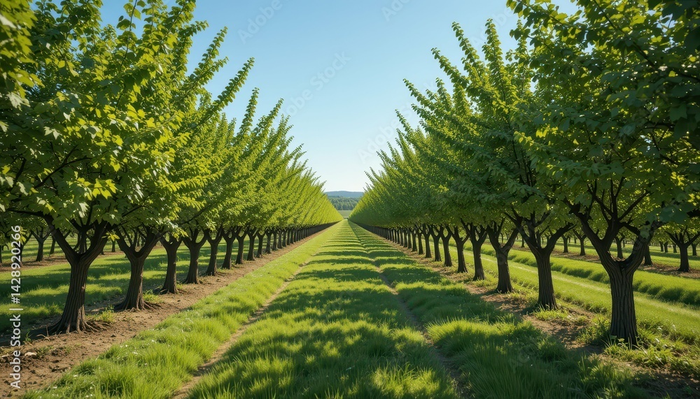Obraz premium Lush Green Orchard with Symmetrical Rows of Trees and Clear Sky