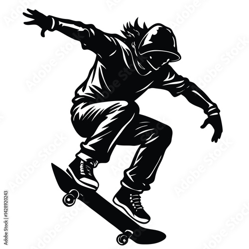 Skateboarder silhouette performing trick black and white vector illustration graphic element