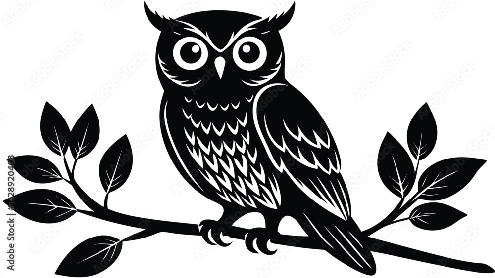 Fototapeta premium Stylized owl perched on branch with leaves in black and white