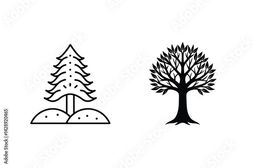 Two Isolated Tree Illustrations Pine Tree Outline With Deciduous Tree Silhouette