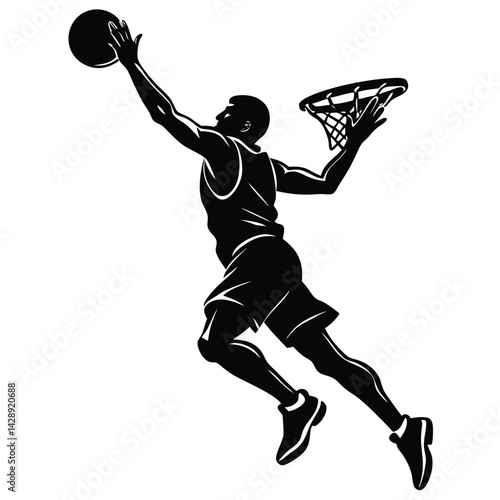 Basketball player silhouette performing slam dunk with ball and hoop vector illustration