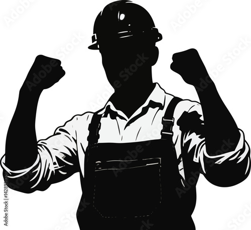 Black vector illustration silhouette constraction worker for labor day card design