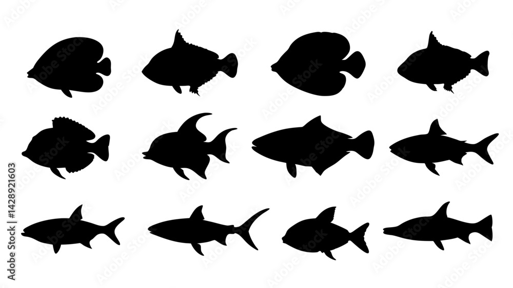 set of black fish silhouette vector on white background set of black fish silhouette vector on white background