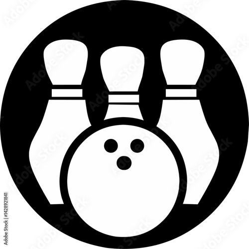 Bowling Ball and Pins white Icon on black background– Simple Bowling Game Illustration
