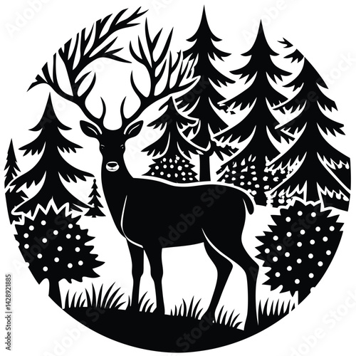 Wallpaper Mural Deer silhouette in forest scene black and white circular vector illustration Torontodigital.ca