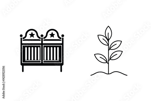 Saloon Doors With Stars And Seedling Plant Black And White Icons