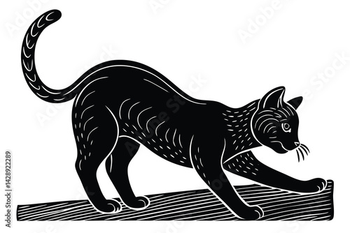 Elegant black cat stretching design with woodcut style black and white art