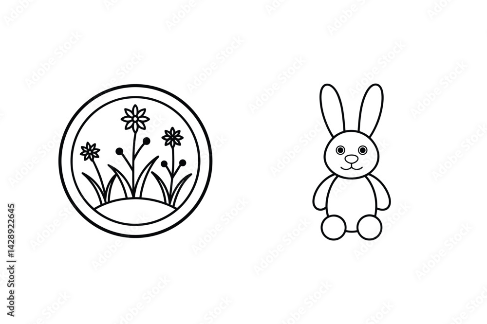 Obraz premium Minimalist Line Art Depicting Spring Flowers In Circle And Adorable Cartoon Rabbit