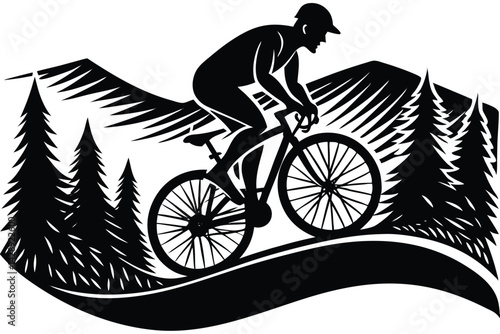 Mountain biker silhouette riding through forest with mountain backdrop