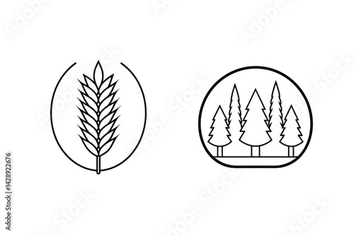 Minimalist Linear Logos With Wheat Grain And Forest Trees In Circle Shapes