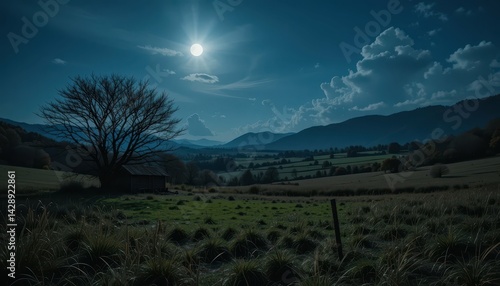 Serene Moonlit Landscape with Rolling Hills and Majestic Clouds