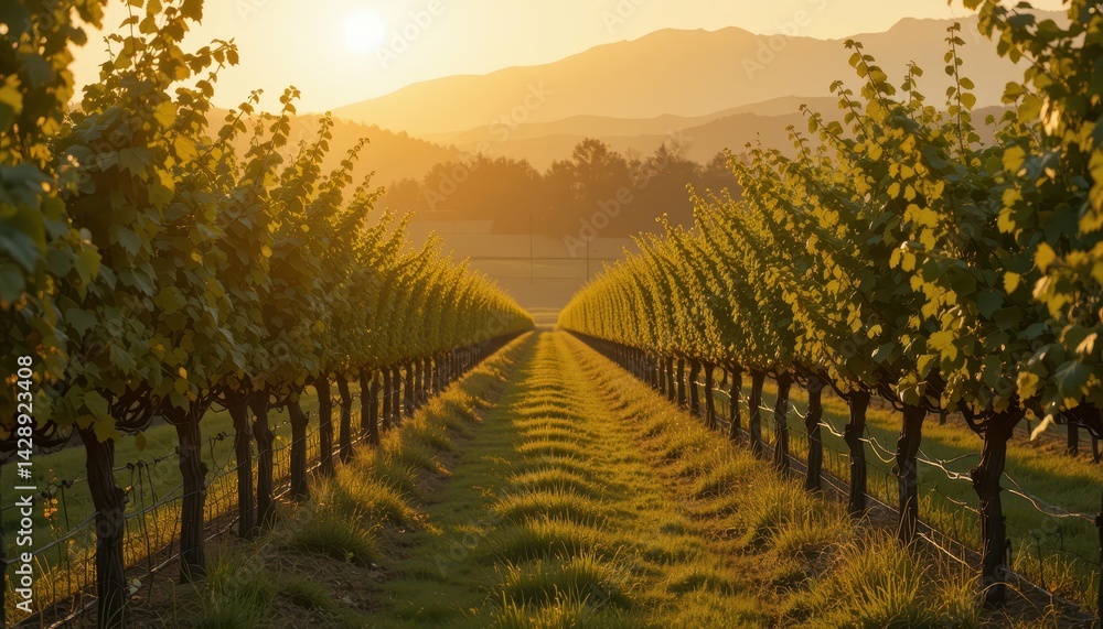 Naklejka premium Serene Vineyard Landscape at Sunset with Warm Golden Light