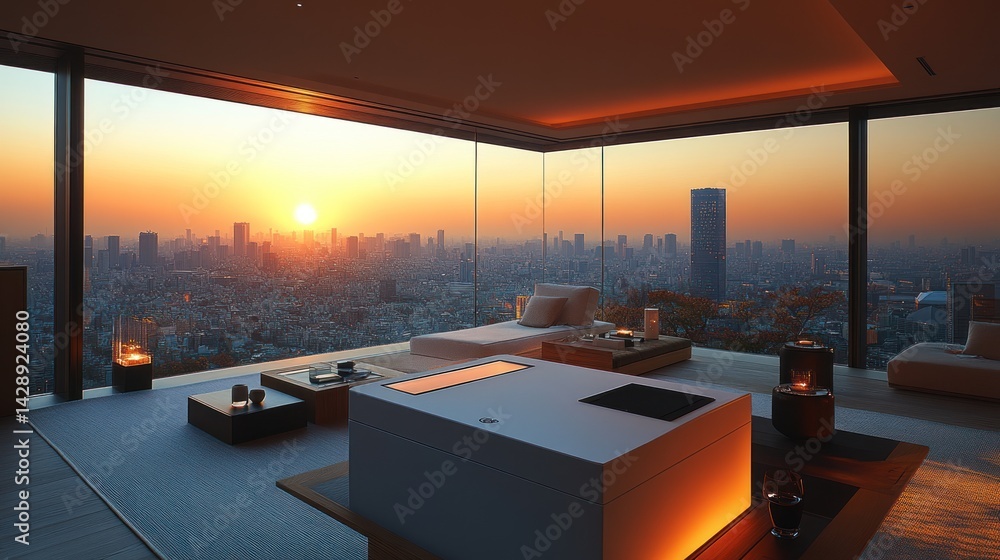 Fototapeta premium Modern penthouse apartment with panoramic city sunset view, featuring minimalist furniture and an indoor fireplace.