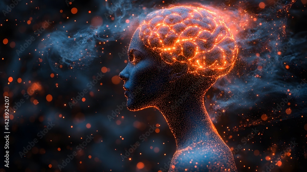 network of light dots forming brain shape,